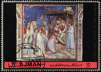 The adoration of the Kings by Giotto on postage stamp
