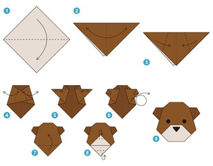Origami tutorial. Origami scheme for kids. Bear. 