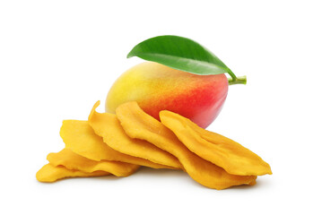 Fresh mango fruit with leaf and dried slices isolated on white background            
