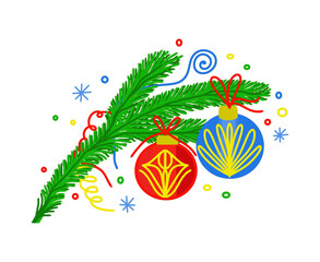 Christmas tree, branch with toys and decoration, color drawing, on a transparent background, for design and print