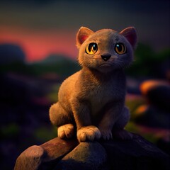Tiny cute adorable panthera sitting on a rock, intricate details. Cartoon big eyed close up portrait. Soft cinematic lighting, animation style character, anime style, 3d illustration.