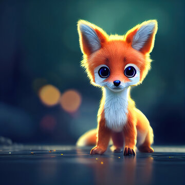 Tiny cute adorable fox in an autumn oak forest, intricate details. Cartoon big eyed close up portrait. Soft cinematic lighting, animation style character, anime style, 3d illustration.