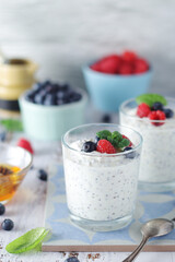 Greek yogurt in glasses with berries and quinoa