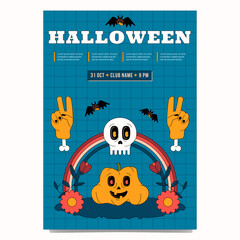 A strange trendy outlined poster template for a Halloween party. Design with skull, rainbow, pumpkin and hands with bones.