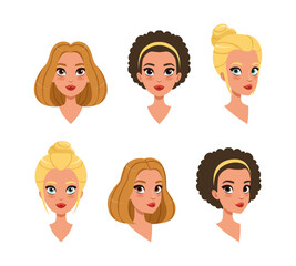 Set of young women heads. Girls avatar profile. Mobile gaming hero portraits cartoon vector illustration