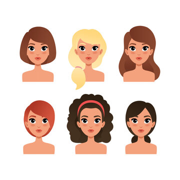 Set of young women heads with blonde, brunette and red hairs. Girls avatar profile. Mobile gaming hero portraits cartoon vector illustration