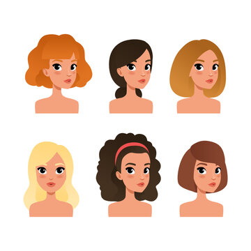 Set of beautiful women heads. Girls avatar profile, mobile gaming hero portraits, people creation constructor cartoon vector illustratio