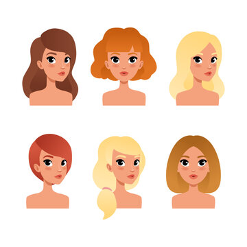Set of beautiful young women heads. Girls avatar profile, mobile gaming hero portraits, people creation constructor elements cartoon vector illustration