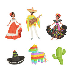 Fototapeta premium Mexico traditional objects set and people in mexican national costume vector illustration