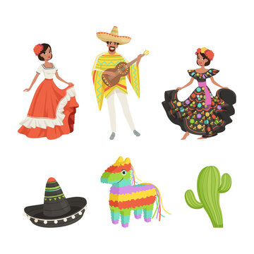 Mexico traditional objects set and people in mexican national costume vector illustration