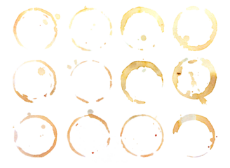 Collection of circle from the bottom cup- real coffee water paint on white paper in many strokes and technique of a brush. Illustration aroma beverage brush as coffee art isolated PNG