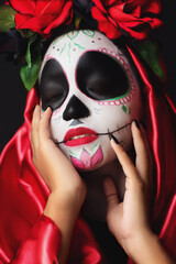 beautiful mexican catrina with expression of tenderness for the celebration of the day of the dead, red and black flowers on the head in darkness