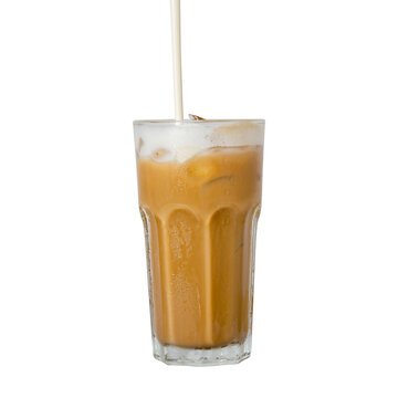 Pouring Milk Make The Iced Cappuccino Coffee Isolated. PNG File