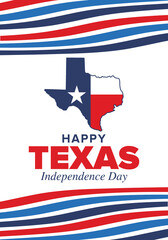 Texas Independence Day. Freedom holiday in Unites States, celebrated annual in March. Lone star flag. Texas flag. Patriotic sign and elements. Poster, card, banner and background. Vector illustration