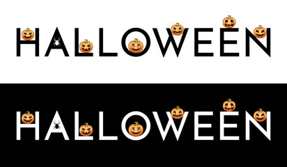 Horizontal Halloween banner on black and white background, with several pumpkins in each letter. Perfect for clothes.
