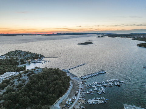 Croatia - Drage marina at night time from drone view