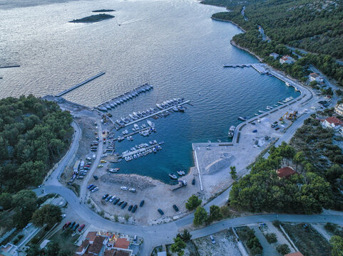 Croatia - Drage marina at night time from drone view