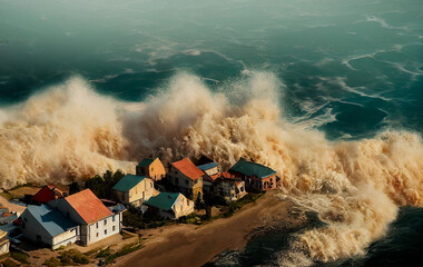 A tsunami hit a small seaside town. Apocalyptic dramatic background,  giant tsunami waves, dark stormy sky, Tornado. Huge waves Tsunami Big waves. 
 - obrazy, fototapety, plakaty