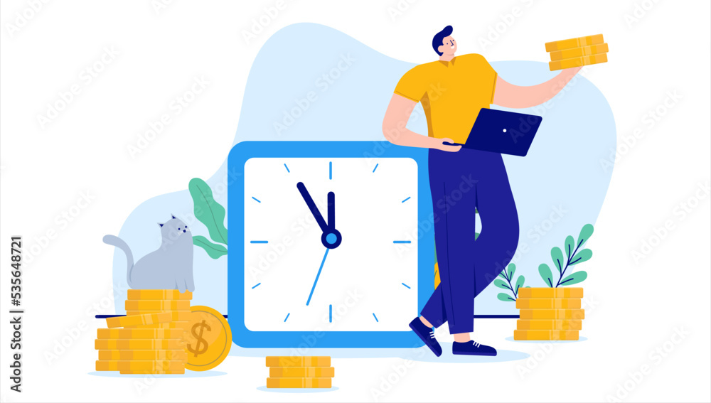 Poster time is money - man with clock and coins in hands making money during work hours. flat design cartoo