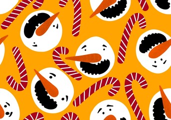 Winter seamless snowman and snowflakes pattern for Christmas wrapping paper and kids notebooks