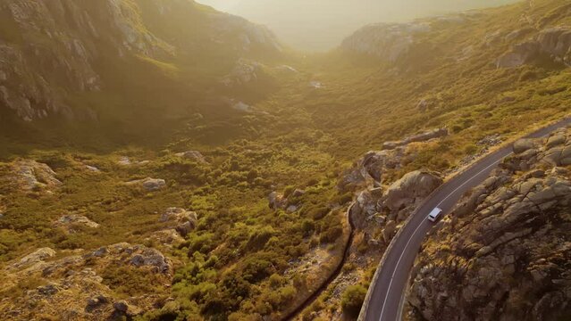 Aerial view of the "Serra da Estrela", Star Mountain Range, natural park. Glacier valley and mountain landscape, an iconic natural landscape on north Portugal. Cinematic 4K