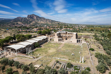 Aerial view with drone; Sardes (Sardis) Ancient City which has gymnasium and synagogue ruins and...