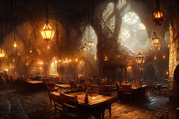 Interior fantasy Medieval Dungeons and Dragons Castle Stone Tavern - obrazy, fototapety, plakaty