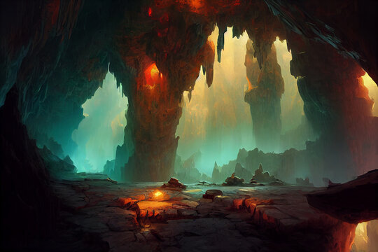 Dark Mysterious Fantasy Cave Cistern, Dungeons and Dragons Digital Concept Art