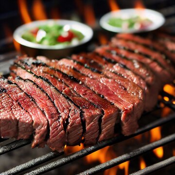 Flank Steak Red Meat Cooking On Grill. Prepared Raw Vegetable In Bowl Ready For Cooking On Blurred Background. Restaurant Menu, Cookout Food. Selective Focus, Shallow Depth Of Field