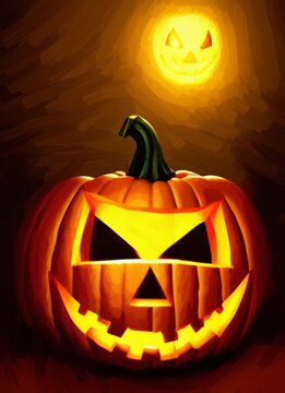 Digital painting halloween pumpkin character illustration. Halloween celebration symbol. Evil smiling Jack o lantern. Oil painting imitation. Wall art print, poster, canvas, invitation background.