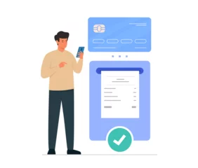 Fotobehang Flat vector illustration of online bill payment and mobile banking concept. Character with smartphone, credit card and payment bill isolated on white background. © nazarkru