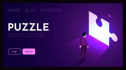 Man stands in front of puzzle symbol. Business solutions concept.