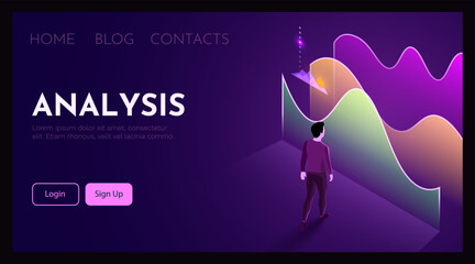 Man stands in front of finance chart. Business analytics concept.