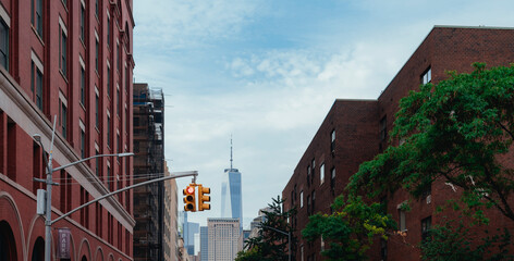 red brick building with sky panorama New York City Manhattan 