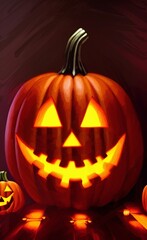 Fototapeta premium Digital painting halloween pumpkin character illustration. Halloween celebration symbol. Evil smiling Jack o lantern. Oil painting imitation. Wall art print, poster, canvas, invitation background.