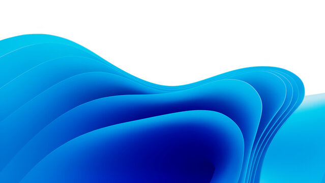 Blue wavy abstraction shape on white isolated background. 3D rendered illustration of trendy modern image in Win 11 style