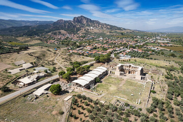Aerial view with drone; Sardes (Sardis) Ancient City which has gymnasium and synagogue ruins and...