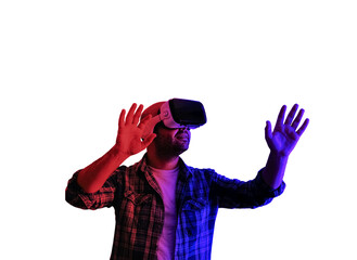 in png format. Young man with VR glasses. entrance with metaverse neon lights