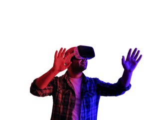 in png format. Young man with VR glasses. entrance with metaverse neon lights
