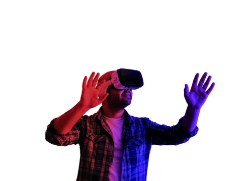 in png format. Young man with VR glasses. entrance with metaverse neon lights - Powered by Adobe