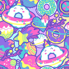 Fototapeta premium Fashion abstract seamless pattern with space donuts, planet, cosmic elements. Cool background on cute style for girl