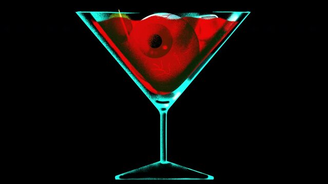 A Human Eye rotating in a bloody cocktail. Halloween video with animation of a Killer drink for advertising posts. Loop movement of the organ of vision. 4k mystical video with alpha channel.