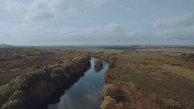 Aerial photography of the Pyana river, the river in autumn