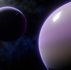 Obraz na płótnie Canvas Exoplanet, sci-fi background. Planet with atmosphere and solid surface in space. Purple alien world with purple moon and stars visible. Alien exoplanet, atmosphere visible