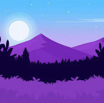 Digital Illustration Of Natural Scenery And Moon In Purple Sky. The Forest With Mountains. Banners, Websites, Backgrounds