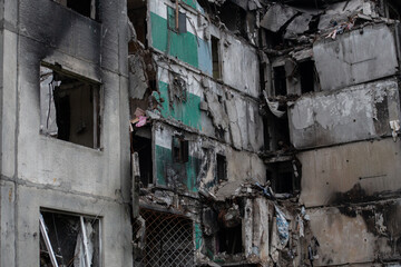 Fototapeta na wymiar Destroyed multi-storey buildings in the city of Borodyanka, Kyiv region after the beginning of russia's invasion of Ukraine
