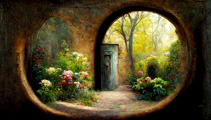 Entrance to beautiful secret garden. AI illustration, 16:9. Fantasy painting, digital art, artificial intelligence artwork