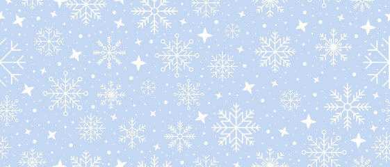 Naklejka na ściany i meble Abstract snowflake seamless border. Snowflakes seamless pattern. Snowfall repeat backdrop. Winter holidays theme. Seamless background with snowflakes. Vector illustration