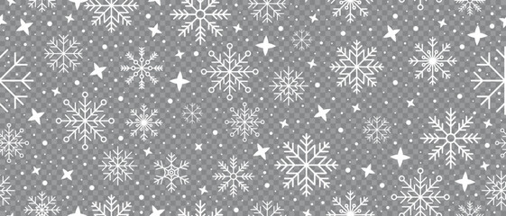 Abstract snowflake seamless border. Snowflakes seamless pattern. Snowfall repeat backdrop. Winter holidays theme. Seamless background with snowflakes. Vector illustration