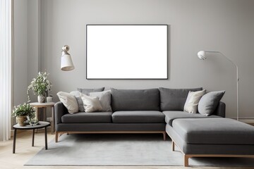 Mock up of poster frame for modern living room with sofa